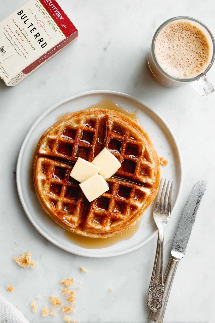 A single golden-brown waffle with a grid pattern lies flat on a white plate. On top of the waffle, there are two small square pieces of pale yellow butter stacked in the center. Dark amber syrup fills the waffle pockets and drips slightly onto the plate beneath. To the right of the plate, a vintage silver fork and knife rest side by side on a white marbled surface. In the upper right corner, a clear glass cup holds a frothy coffee drink with cream-colored foam at the top. In the upper left, a beige and red packaged box of cultured butter sits near some scattered crumbs. The whole scene is set against a bright white marbled background. photo taken with an iphone --ar 2:3 --v 7 - Fluffy Belgian Waffles, Belgian Waffles, easy waffle recipe, homemade Belgian waffles, breakfast waffle ideas