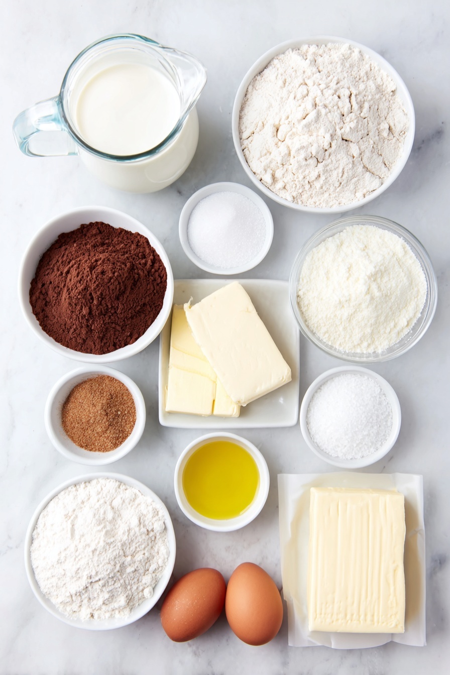 Flat lay of a small glass pitcher of whole milk, a small white bowl of golden canola oil, a small white bowl of granulated white sugar, a small white bowl of light brown instant yeast granules, a neat pile of all-purpose white flour, a small white bowl of fine baking powder, a small white bowl of baking soda, a small white bowl of salt crystals, a small white bowl of melted golden butter, a small white bowl of loose brown sugar, a small white bowl of ground cinnamon, a block of fresh cream cheese, a small white bowl of soft unsalted butter, a small white bowl of powdered confectioner's sugar, a small white bowl with vanilla bean paste, a pinch of coarse salt scattered artistically, a small white bowl of additional whole milk, two whole uncracked brown eggs placed symmetrically, all arranged in perfect balance and symmetry, placed on a clean white marble surface, soft natural light, photo taken with an iPhone, professional food photography style, fresh ingredients, white ceramic bowls, no bottles, no duplicates, no utensils, no packaging --ar 2:3 --v 7 --p m7354615311229779997 - Best Easy Cinnamon Rolls with Cream Cheese Icing, easy cinnamon roll recipe, homemade cinnamon rolls, quick cinnamon roll recipe, fluffy cinnamon rolls with frosting