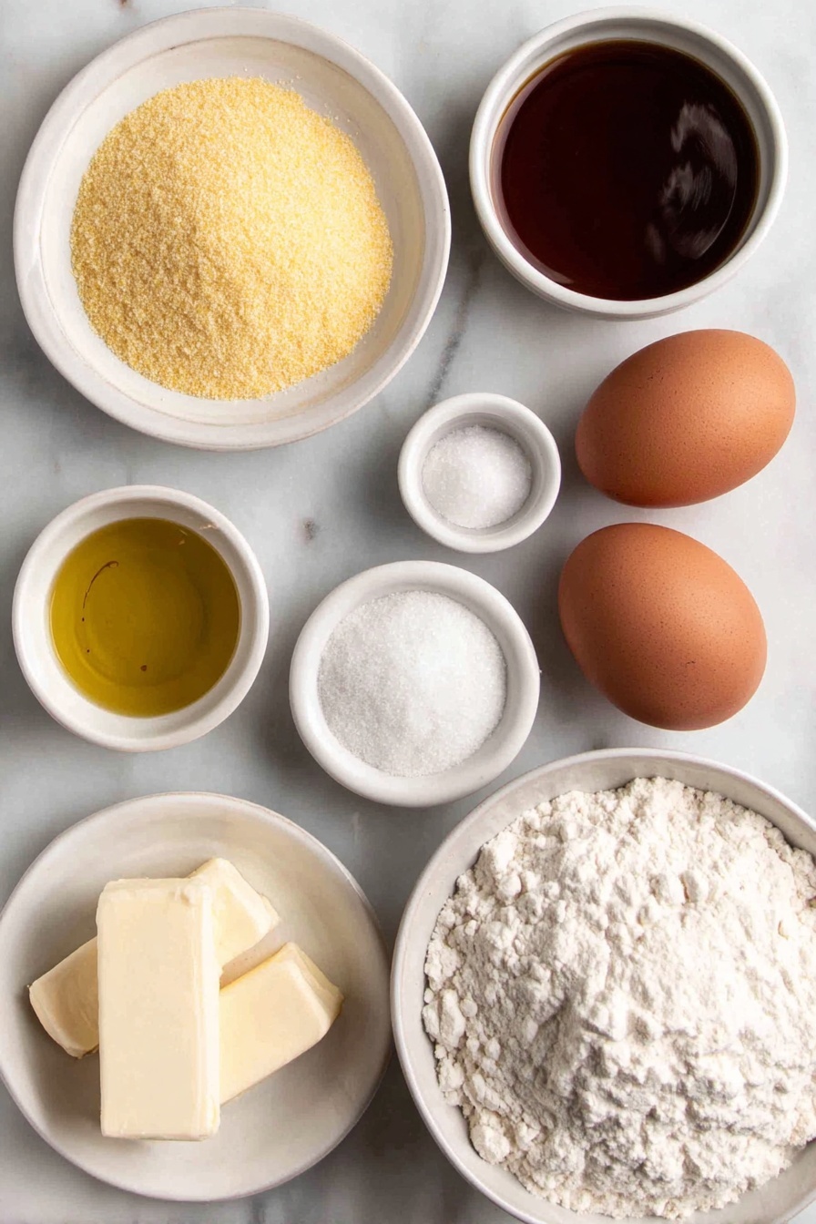 Flat lay of yellow cornmeal in a small mound on a white ceramic plate, a neat pile of white all-purpose flour on a simple white ceramic dish, a small heap of granulated sugar on a white ceramic bowl, a few golden honey droplets pooling in a small white ceramic bowl, a few teaspoons of white baking powder and a sprinkling of salt side by side in tiny white ceramic bowls, a pat of softened pale yellow butter on a clean white ceramic plate, a small white ceramic bowl filled with golden olive oil, a small white ceramic bowl holding creamy whole milk, one large whole brown egg with a smooth shell, and one large whole white egg with a smooth shell, all arranged symmetrically with natural spacing and balanced proportions, placed on a clean white marble surface, soft natural light, photo taken with an iPhone, professional food photography style, fresh ingredients, white ceramic bowls, no bottles, no duplicates, no utensils, no packaging --ar 2:3 --v 7 --p m7354615311229779997 - Super Moist Homemade Cornbread, moist cornbread recipe, easy homemade cornbread, buttery cornbread, sweet and savory cornbread