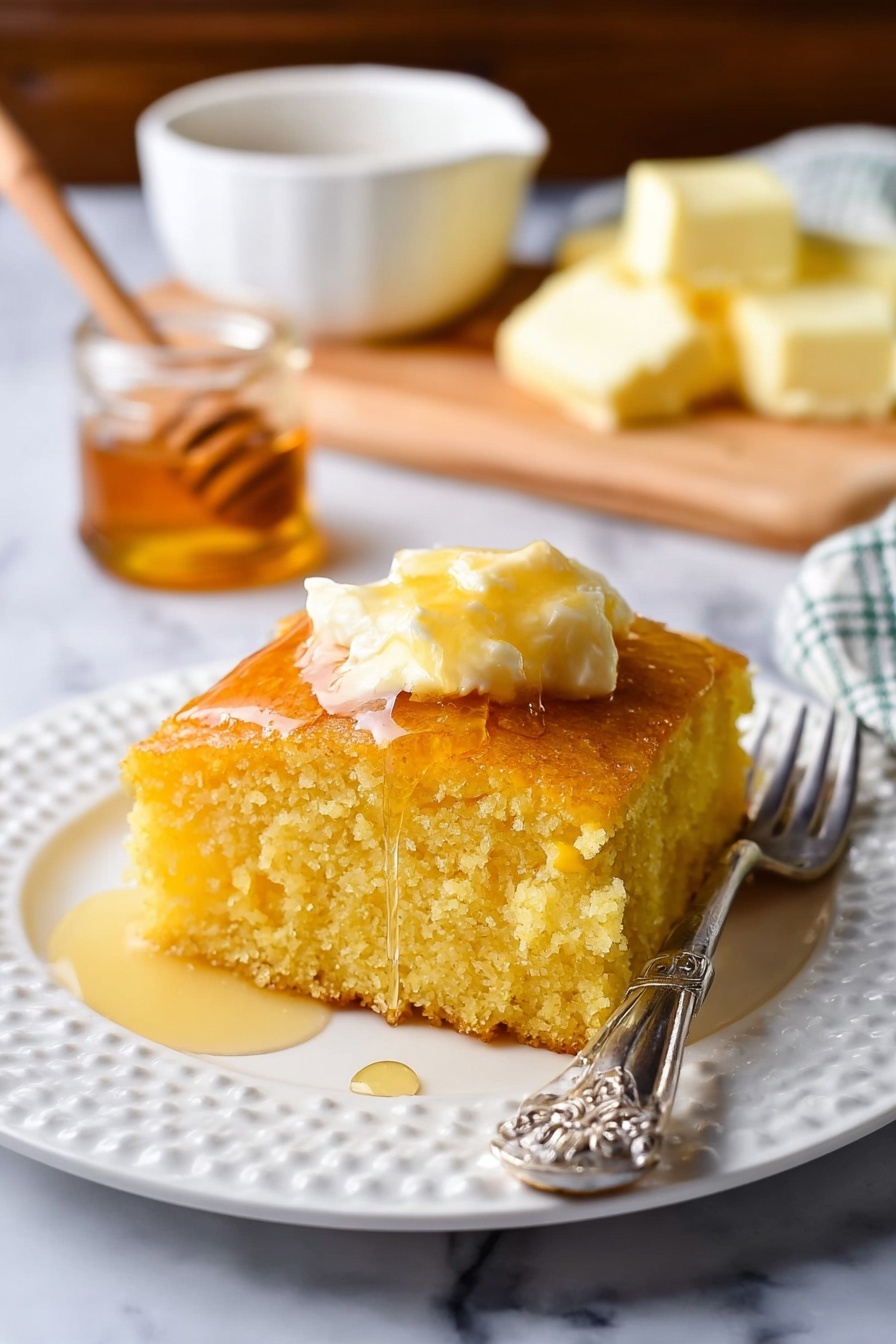 A close-up view of a single piece of golden yellow cornbread with a moist texture, sitting on a white plate with a raised dotted edge. On top of the cornbread is a dollop of melting pale yellow butter, slightly glossy with some honey or syrup dripping down the sides. A silver fork with a decorative handle lies beside the cornbread on the plate. In the background, there is a small white bowl with honey or syrup, a small jar of honey with a golden lid, and a light wooden board holding several pale yellow pats of butter, all set on a white marbled surface. The photo taken with an iphone --ar 2:3 --v 7 - Super Moist Homemade Cornbread, moist cornbread recipe, easy homemade cornbread, buttery cornbread, sweet and savory cornbread