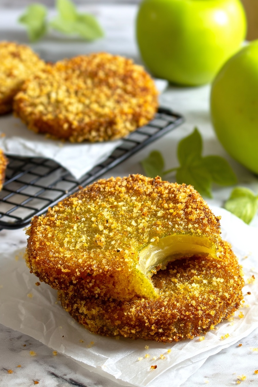There are three fried green tomato slices with a crispy, golden-brown coating made of coarse crumbs. Two slices lie flat stacked on white parchment paper, showing a crunchy, grainy texture all over. The top slice in front has a bite taken out of it, revealing soft, pale green tomato inside. Another fried slice is on white parchment on a black wire rack in the background. Two whole bright green apples and blurred green leaves are in the background, all placed on a white marbled surface. photo taken with an iphone --ar 2:3 --v 7 - Fried Green Tomatoes, Southern Fried Green Tomatoes, Crispy Green Tomatoes, How to Make Fried Green Tomatoes, Green Tomato Appetizer