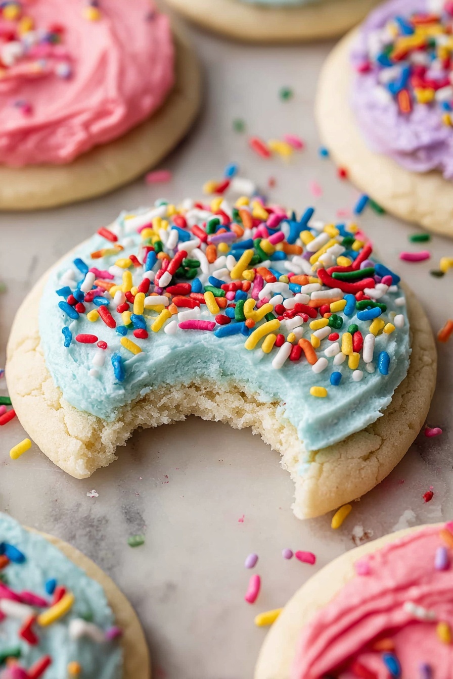 The image shows a close-up of a round cookie with three visible layers: the bottom layer is a soft, light beige cookie with a slightly rough texture; the middle layer is a smooth, thick spread of light blue frosting generously covering the cookie; the top layer has many colorful, cylindrical sprinkles scattered across the frosting in red, yellow, blue, green, white, pink, and orange. A bite is taken out of the cookie, revealing the soft inside. Around it, there are other cookies with pink and purple frosting and similar sprinkles, placed on a white marbled surface with sprinkles scattered around. photo taken with an iphone --ar 2:3 --v 7 - Frosted Sugar Cookies, sugar cookies with frosting, soft sugar cookie recipe, easy frosted cookies, vanilla glazed sugar cookies
