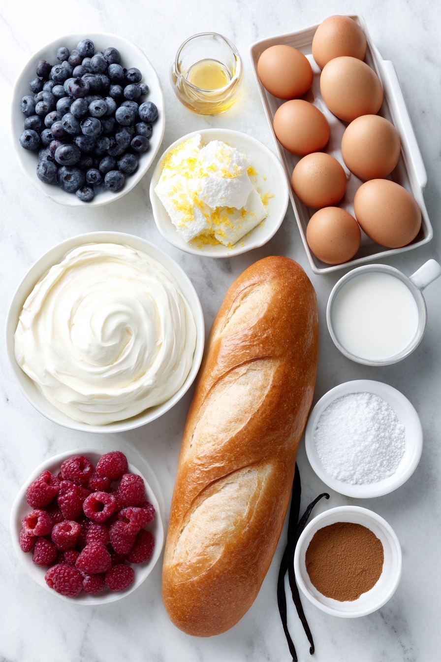 Flat lay of a fresh demi baguette sliced but still whole on a simple white ceramic plate, a small mound of smooth mascarpone cheese with a few lemon zest curls on a white ceramic bowl, a handful of plump fresh blueberries and fresh raspberries placed side by side on a white ceramic dish, six whole clean brown eggs arranged neatly in a line, a small white bowl filled with granulated sugar, another small white bowl containing powdered sugar, a small white bowl holding whole milk, a small white bowl with ground cinnamon powder, a small white bowl with clear maple syrup, and two vanilla beans lying beside the bowls, all ingredients fresh and natural, perfectly balanced, placed on a clean white marble surface, soft natural light, photo taken with an iPhone, professional food photography style, fresh ingredients, white ceramic bowls, no bottles, no duplicates, no utensils, no packaging --ar 2:3 --v 7 --p m7354615311229779997 - Berry Baked French Toast, baked French toast with berries, berry stuffed French toast, breakfast with berries, easy baked French toast