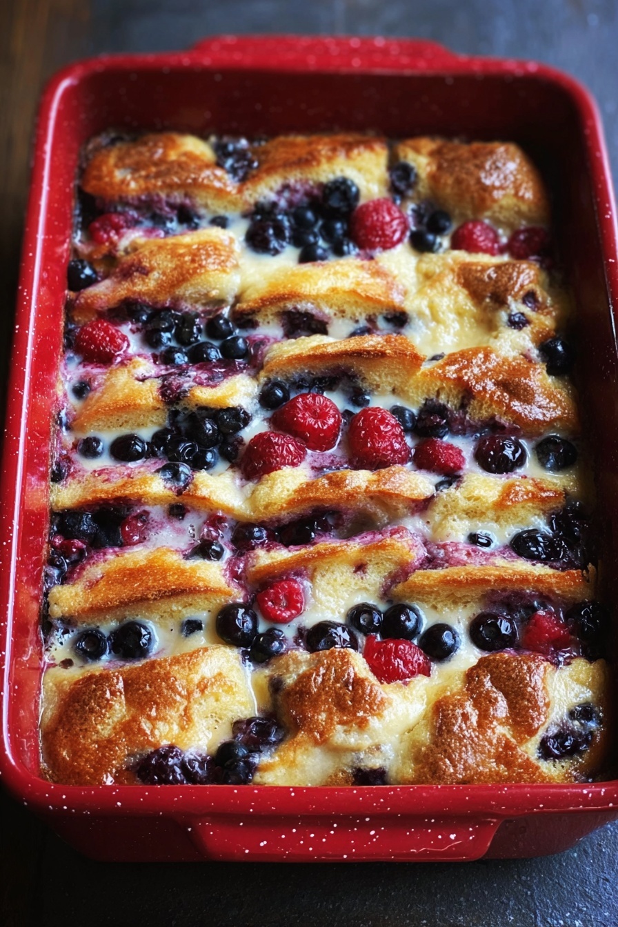 The dish is a baked berry bread pudding in a rectangular red baking dish, with a white marbled surface underneath. The pudding has three main layers: the bottom layer is a mixture of soft blueberries and raspberries, the middle layer consists of moist golden bread slices arranged closely in rows, and the top layer is a creamy, slightly browned custard sauce with whole blueberries and raspberries scattered on top and baked into the bread. The edges of the bread look toasted with hints of berry juices bubbling around the sides. photo taken with an iphone --ar 2:3 --v 7 - Berry Baked French Toast, baked French toast with berries, berry stuffed French toast, breakfast with berries, easy baked French toast