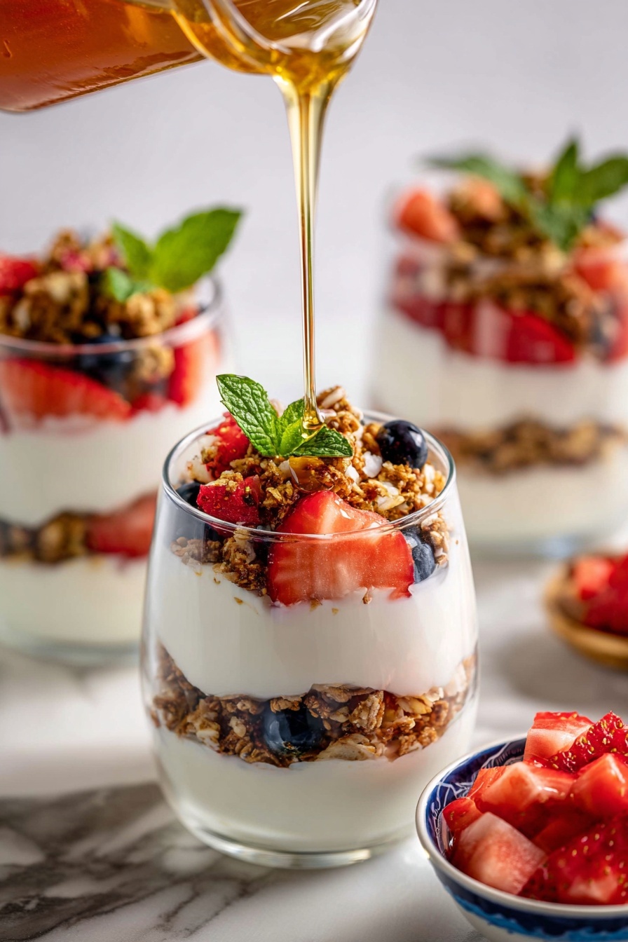 The image shows a clear glass cup with four visible layers: the bottom layer is white yogurt, followed by a thin layer of mixed granola and small pieces of blueberries and strawberries, then a thick layer of white yogurt, topped with another layer of granola mixed with chopped strawberries and blueberries, all garnished with fresh green mint leaves. A stream of golden honey is being poured from a woman's hand onto the top layer. In the background, there are two more similar glass cups with the same layering and fruit, all placed on a white marbled surface. To the side, there is a white bowl with a blue rim filled with chopped strawberries. Photo taken with an iphone --ar 2:3 --v 7 - Greek Yogurt Parfait with Berries and Granola, healthy breakfast parfait, easy fruit yogurt snack, quick nutritious breakfast, layered yogurt with berries