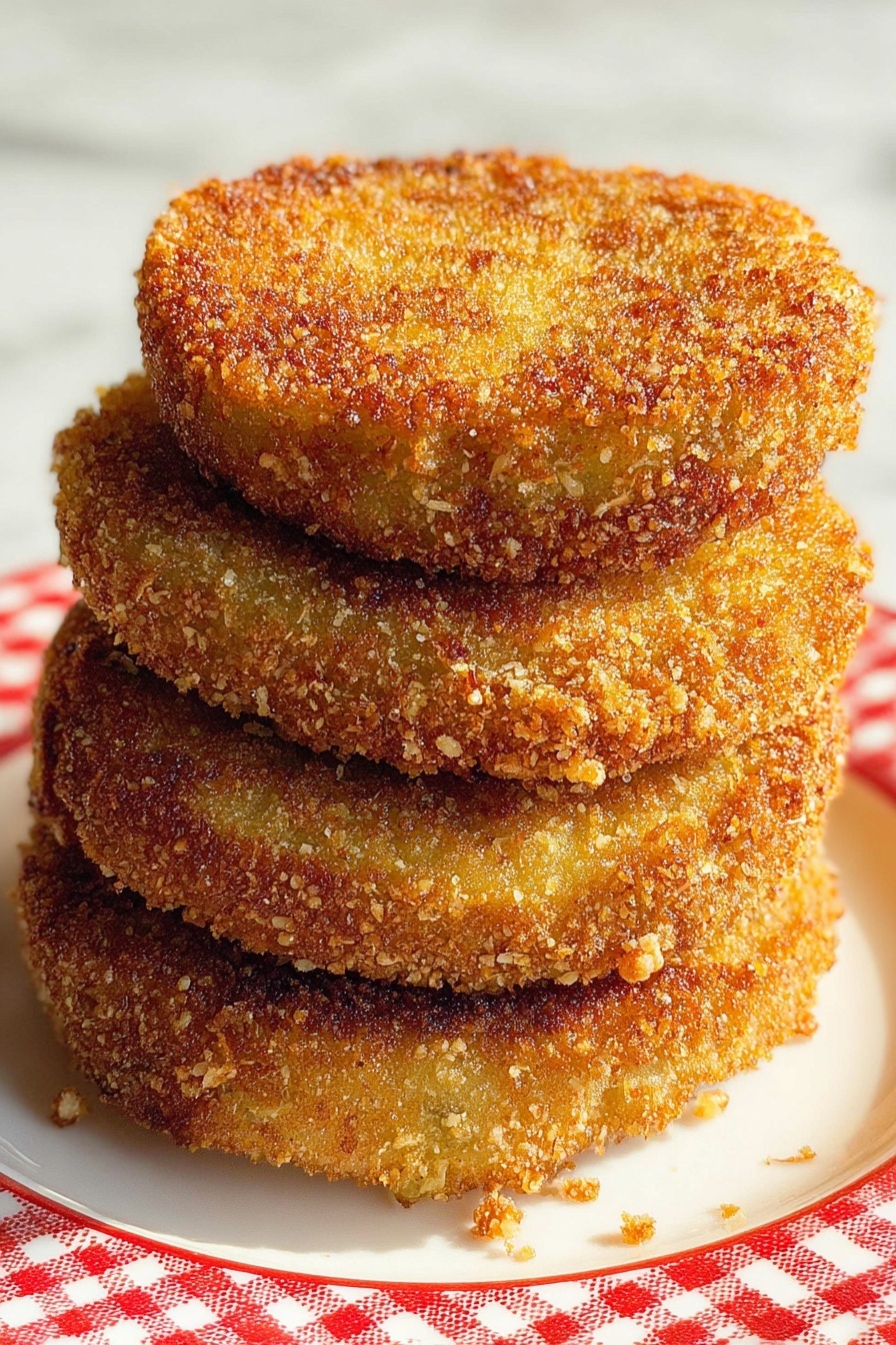 A stack of four round, golden-brown fried patties sits in the center of a white plate with a red and white checkered rim, placed on a white marbled surface. Each patty has a coarse, crispy coating with a slightly uneven texture, showing some variations in browning and small crumbs around the edges. The patties are thick, roughly equal in size, and stacked directly on top of each other, creating a neat and inviting tower. The lighting highlights the crispiness and warm color of the coating, making the stack look fresh and crunchy. Photo taken with an iphone --ar 2:3 --v 7 - Fried Green Tomatoes, Southern Fried Green Tomatoes, Crispy Green Tomatoes, How to Make Fried Green Tomatoes, Green Tomato Appetizer