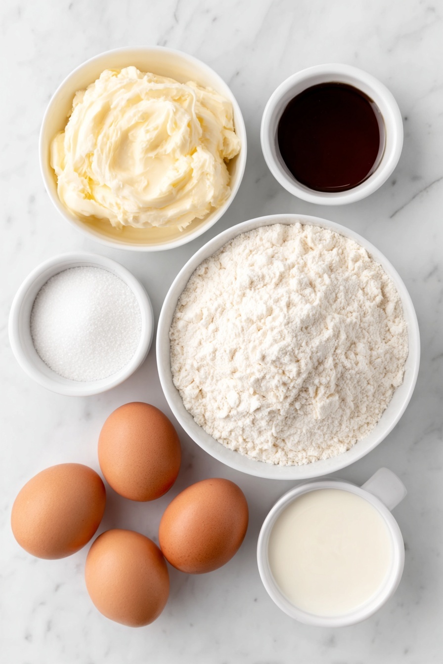 Flat lay of unsalted butter melted in a small white ceramic bowl, a simple white ceramic bowl filled with all-purpose flour, a small white ceramic bowl holding granulated sugar, a small white ceramic bowl containing baking powder, a small white ceramic bowl with baking soda, a small white ceramic bowl with salt, two whole brown eggs with clean shells, a small white ceramic bowl of buttermilk, a small white ceramic bowl with pure vanilla extract, all ingredients arranged with perfect symmetry and realistic proportions, placed on a clean white marble surface, soft natural light, photo taken with an iPhone, professional food photography style, fresh ingredients, white ceramic bowls, no bottles, no duplicates, no utensils, no packaging --ar 2:3 --v 7 --p m7354615311229779997 - Fluffy Buttermilk Pancakes, easy pancake recipe, best breakfast pancakes, tender pancake recipe, weekend brunch ideas