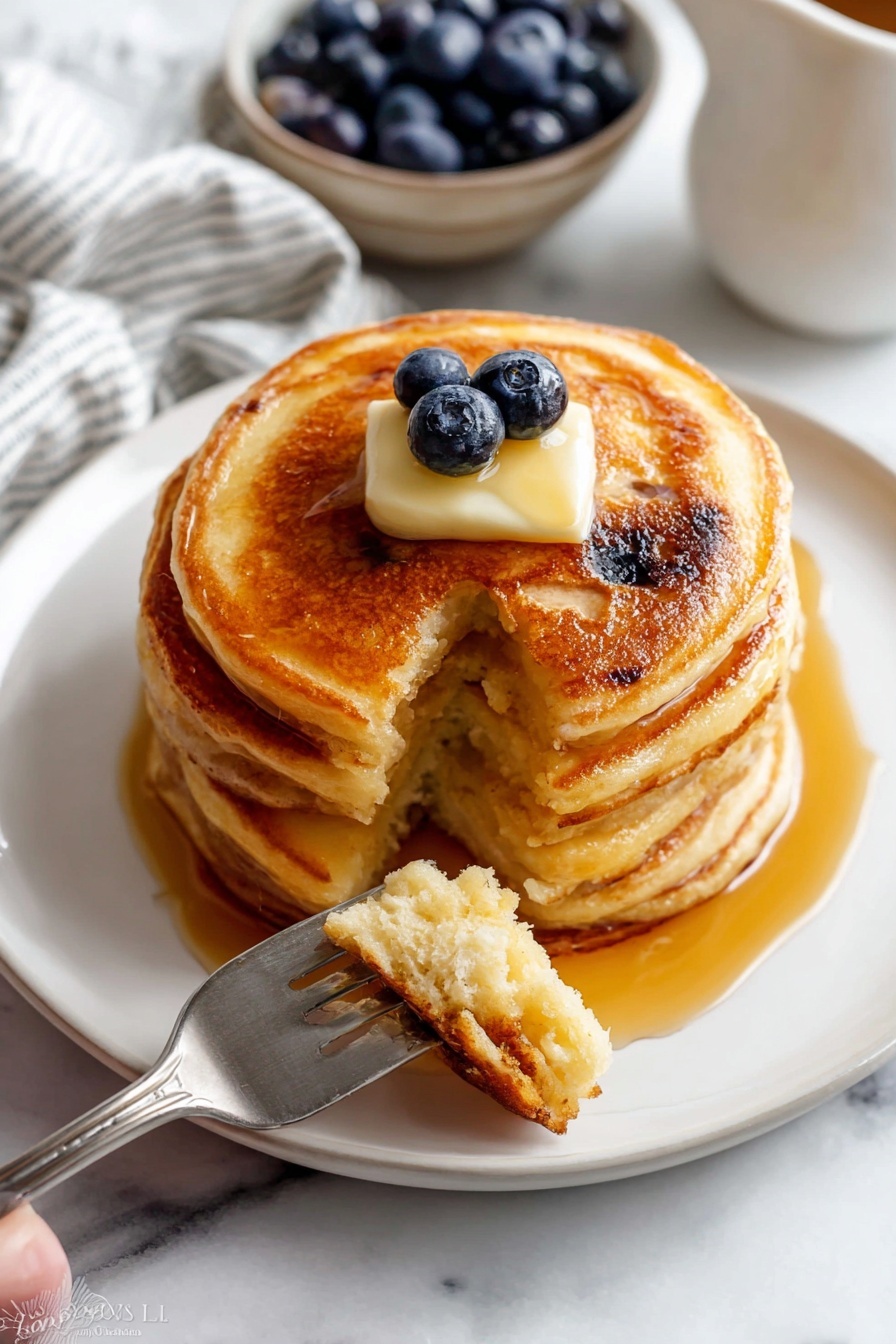 A stack of five golden-brown pancakes sits in the center of a white plate on a white marbled surface. The pancakes are fluffy with a smooth texture, and the top one has a melting pat of butter slightly off-center with a single fresh blueberry on top. Some syrup glistens over the pancakes, adding a shiny layer. A woman's hand holds a fork in the lower left of the image, lifting a bite-size piece of pancake with visible soft insides. In the background, there is a bowl filled with plump, deep blue blueberries and a light-colored striped cloth partially visible. A white pitcher, likely holding syrup, is seen on the top right. photo taken with an iphone --ar 2:3 --v 7 - Fluffy Buttermilk Pancakes, easy pancake recipe, best breakfast pancakes, tender pancake recipe, weekend brunch ideas