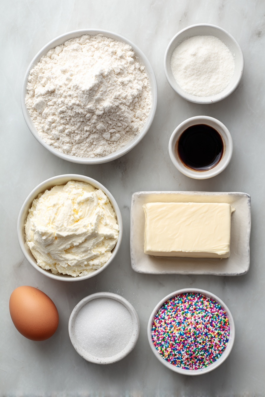 Flat lay of a small mound of all-purpose flour, a small white ceramic bowl of baking powder, a small white ceramic bowl of salt, a block of unsalted butter softened and unwrapped, a small pile of granulated sugar, one large whole egg with a clean shell, a small white ceramic bowl of vanilla extract, a small white ceramic bowl of sifted powdered sugar, a small white ceramic bowl of milk or cream, a pinch of salt on a white ceramic dish, and a small white ceramic bowl filled with colorful sprinkles, all arranged in perfect symmetry on a clean white marble surface, soft natural light, photo taken with an iPhone, professional food photography style, fresh ingredients, white ceramic bowls, no bottles, no duplicates, no utensils, no packaging --ar 2:3 --v 7 --p m7354615311229779997 - Frosted Sugar Cookies, sugar cookies with frosting, soft sugar cookie recipe, easy frosted cookies, vanilla glazed sugar cookies
