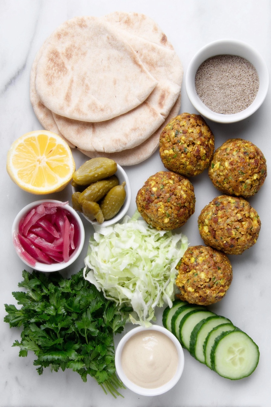 Flat lay of fresh homemade falafel balls, four plain whole pita breads, a small white bowl of creamy hummus, thinly sliced bright red tomato rounds, crisp shredded green lettuce, a few green pickles (whole), a small white bowl of smooth tahini sauce, a halved fresh lemon, a small white bowl of soaked dried chickpeas, a bunch of fresh flat parsley, a bunch of bright green cilantro leaves, ten fresh mint leaves arranged neatly, four whole green onions with white bulbs and green tops, a single whole garlic clove, a small white bowl of light beige chickpea flour, a small white bowl with whole cumin seeds, a small white bowl of white baking powder, fresh ground black peppercorns, all placed on a clean white marble surface, soft natural light, photo taken with an iPhone, professional food photography style, fresh ingredients, white ceramic bowls, no bottles, no duplicates, no utensils, no packaging --ar 2:3 --v 7 --p m7354615311229779997 - Crispy Falafel Wrap with Fresh Veggies, Falafel Wrap Recipe, Healthy Falafel Wrap, Vegan Falafel Wrap, Fresh Veggie Wrap Ideas