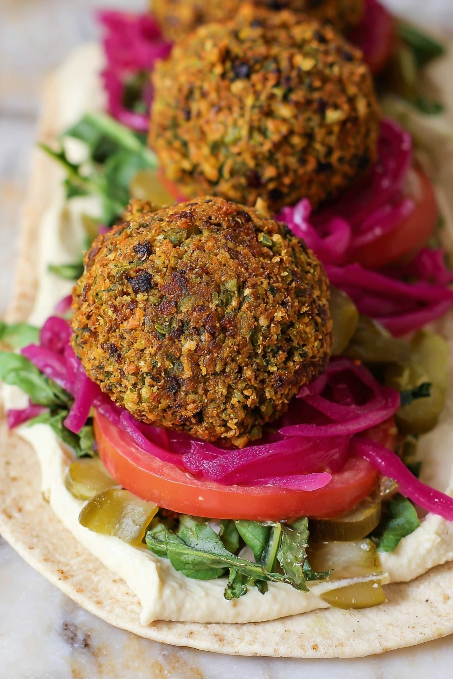 Two round falafel balls with a rough, crumbly texture mixed with green and brown bits sit on top of a flat bread. Underneath each falafel ball is a layer of thick white hummus spread on the bread surface. There is a layer of green pickle slices and bright reddish-purple pickled onions on top of the hummus. Fresh green shredded lettuce surrounds the base of the falafel, with slices of red tomato just beneath the falafel balls. All is placed on a white marbled surface. photo taken with an iphone --ar 2:3 --v 7 - Crispy Falafel Wrap with Fresh Veggies, Falafel Wrap Recipe, Healthy Falafel Wrap, Vegan Falafel Wrap, Fresh Veggie Wrap Ideas
