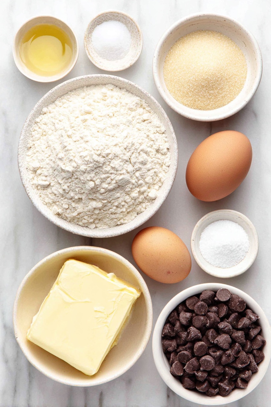 Flat lay of a small mound of all-purpose flour, a teaspoon of fine baking soda, a teaspoon of pale cornstarch, a small pile of fine salt crystals, a pat of melted unsalted butter resting in a simple white ceramic bowl, a small pile of packed light brown sugar, a small pile of granulated white sugar, two whole brown eggs with smooth clean shells, a small white ceramic bowl holding golden vanilla extract, and a scattered pile of glossy semi-sweet chocolate chips arranged neatly, all placed on a clean white marble surface, soft natural light, photo taken with an iPhone, professional food photography style, fresh ingredients, white ceramic bowls, no bottles, no duplicates, no utensils, no packaging --ar 2:3 --v 7 --p m7354615311229779997 - Chewy Chocolate Chip Cookies, easy chocolate chip cookie recipe, how to make chewy cookies, soft chocolate chip cookies, homemade cookie recipe