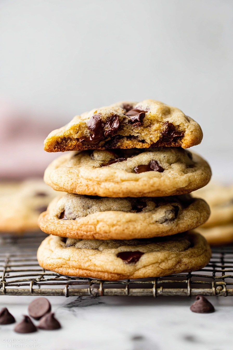 A stack of four soft chocolate chip cookies sits on a cooling rack over a white marbled surface. The cookies are golden brown with slightly darker edges and are dotted with melted, dark chocolate chips visible both on the surface and inside. The top cookie is broken in half, showing its soft, chewy inside with gooey melted chocolate chunks. Scattered chocolate chips are around the base of the stack, adding to the cozy, fresh-baked look. Photo taken with an iphone --ar 2:3 --v 7 - Chewy Chocolate Chip Cookies, easy chocolate chip cookie recipe, how to make chewy cookies, soft chocolate chip cookies, homemade cookie recipe