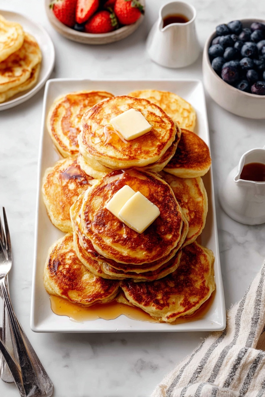 A stack of about twelve golden brown pancakes is arranged on a white rectangular plate, layered unevenly. On top of four of the pancakes are small squares of light yellow butter, slowly melting, with maple syrup drizzled over all, creating a shiny, sticky texture. Around the plate on a white marbled surface, there is a bowl of fresh blueberries to the top right, a small white pourer of maple syrup above the plate, and a tray of bright red strawberries in the top left corner. Part of a white plate with more pancakes and cutlery is visible on the left, while a woman's hand is not present but the edge of a striped beige and white cloth napkin is on the right side. Photo taken with an iphone --ar 2:3 --v 7 - Fluffy Buttermilk Pancakes, easy pancake recipe, best breakfast pancakes, tender pancake recipe, weekend brunch ideas